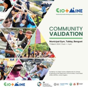 Le 11 mars 2024, une validation communautaire aura lieu au gymnase municipal de Tublay, Benguet, aux Philippines, dans le cadre du projet Bio+Mine.