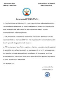 Le Front populaire de libération du Niger (FPLN), mouvement d'opposition nigérien, a lancé un avertissement sévère aux pays membres de l'AES