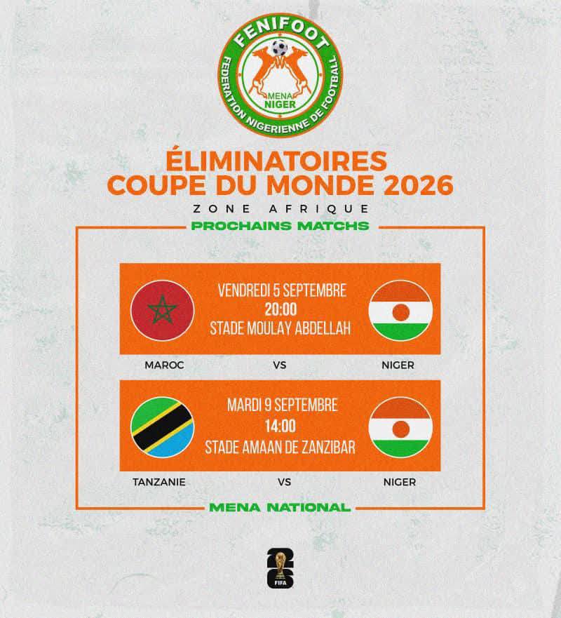 Éliminatoires Coupe du Monde 2026 : le sélectionneur Badou Zaki dévoile une liste de 25 joueurs pour affronter le Maroc et la Tanzanie. Une sélection équilibrée entre jeunesse et expérience, reflet d’une dynamique nationale portée par la FENIFOOT et les ambitions territoriales du Niger.